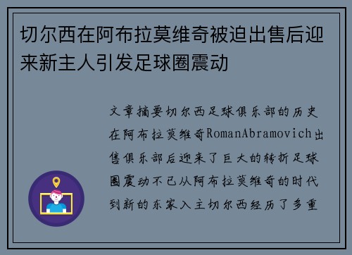 切尔西在阿布拉莫维奇被迫出售后迎来新主人引发足球圈震动