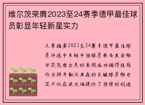 维尔茨荣膺2023至24赛季德甲最佳球员彰显年轻新星实力